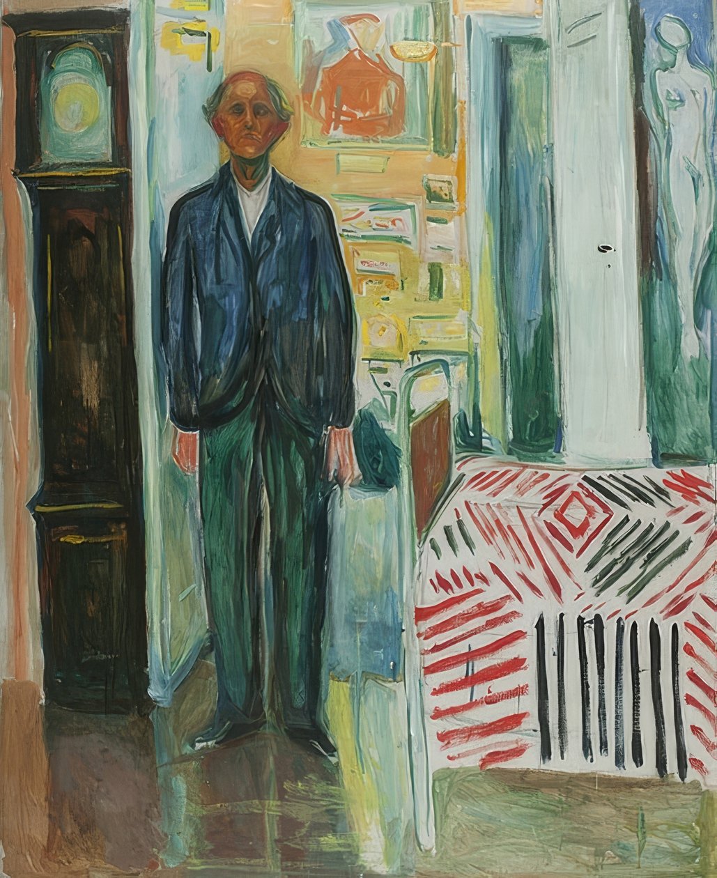 Selvportrett. Mellom klokken og sengen. 1940-42 av Edvard Munch