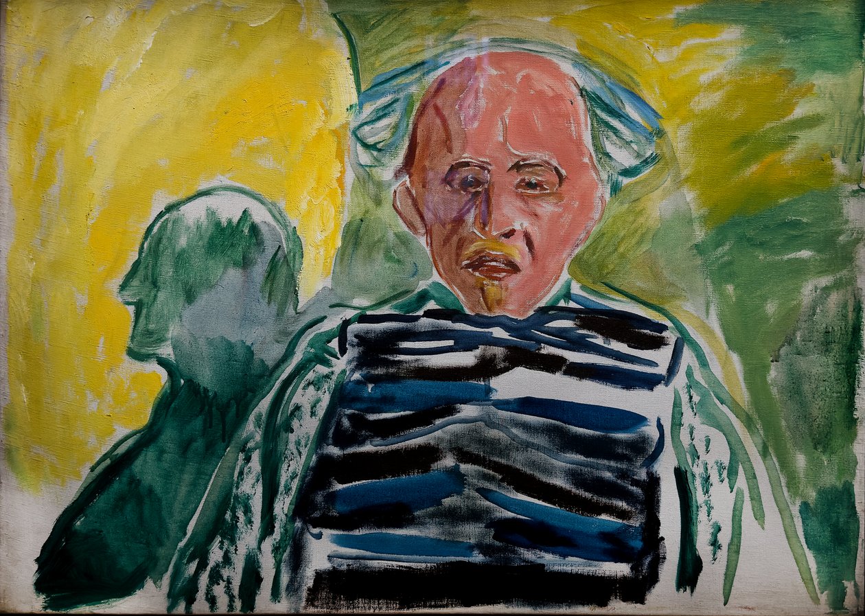 Selvportrett iført en stripet genser av Edvard Munch