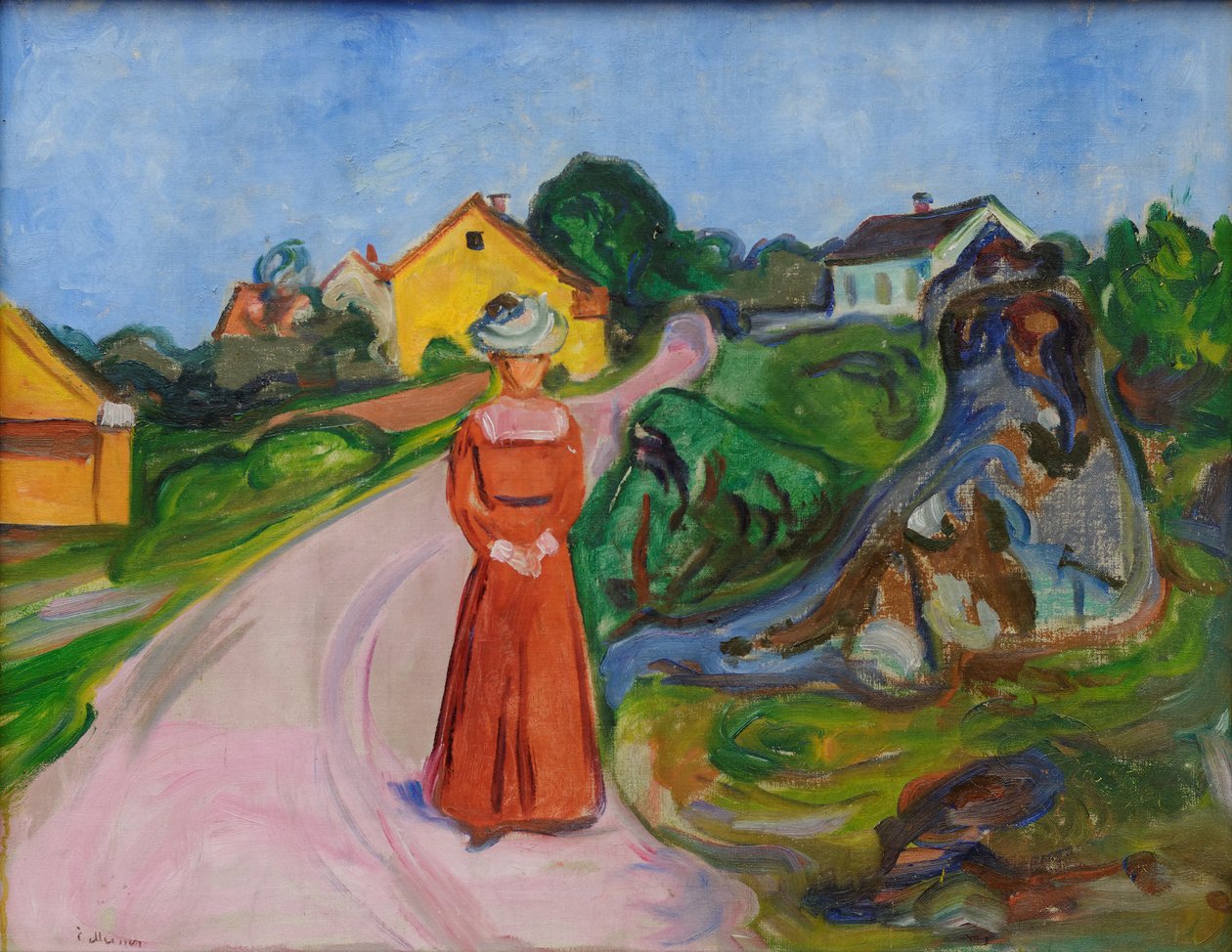 Gate i Åsgårdstrand og en kvinne i rød kjole av Edvard Munch