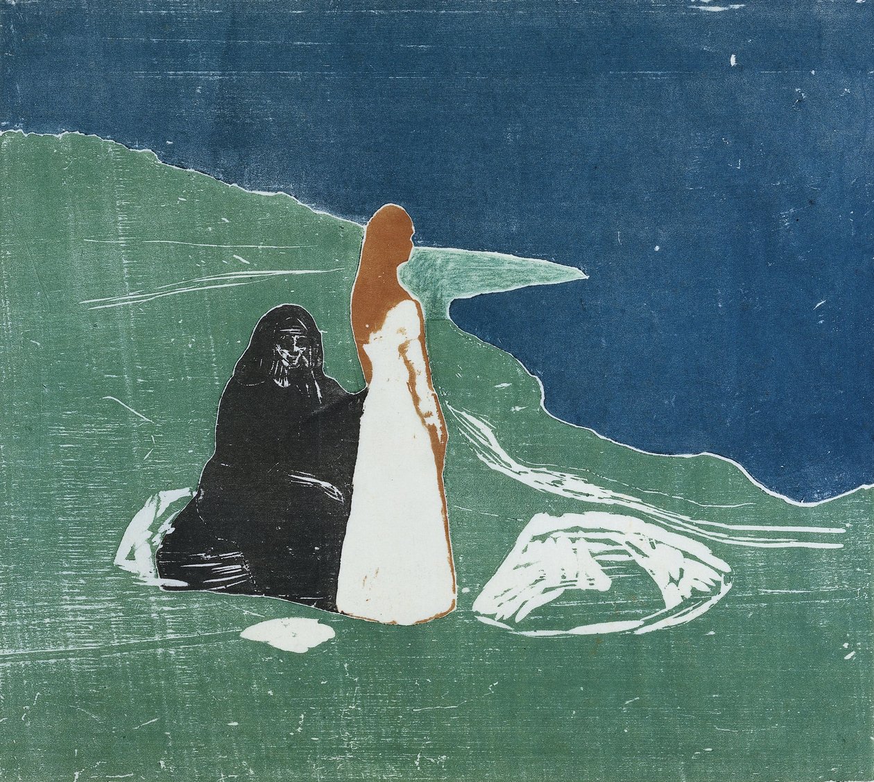 To kvinner på en strand, 1898 (fargetresnitt) av Edvard Munch