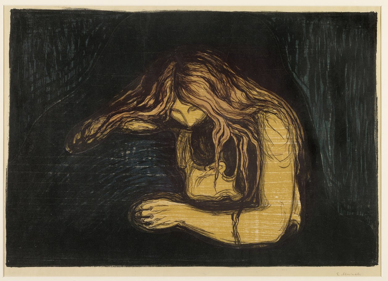 Vampyr, 1895-1902 (fargetre og litografi på tynt vevd papir på tynt japansk papir) av Edvard Munch