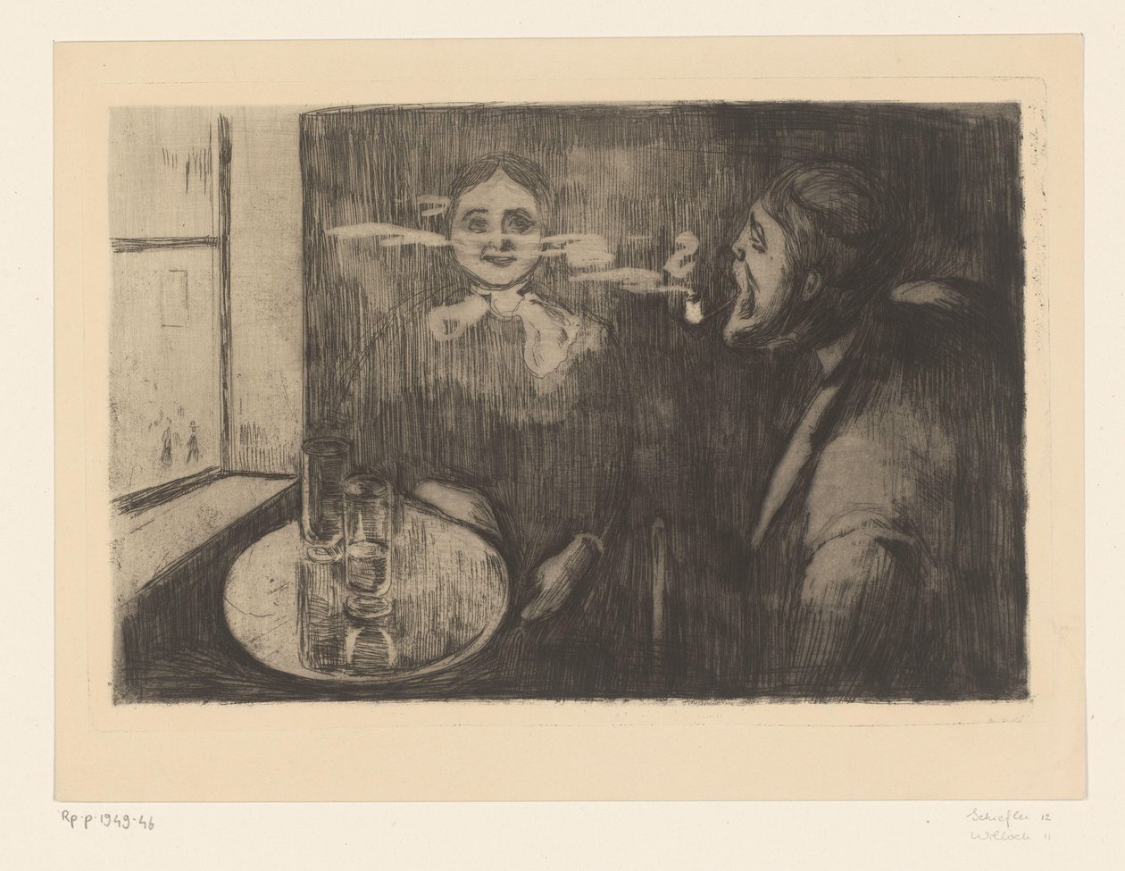 Kvinne og mann røyker pipe ved et bord Tête-à-Tête (original tittel) av Edvard Munch