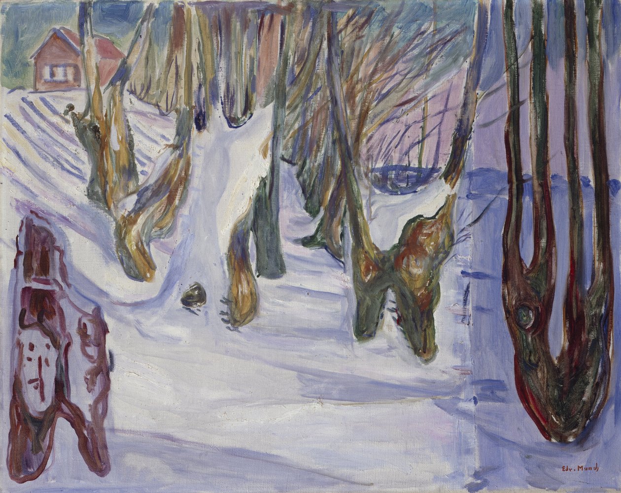 Vinterlandskap med hus (olje på lerret) av Edvard Munch