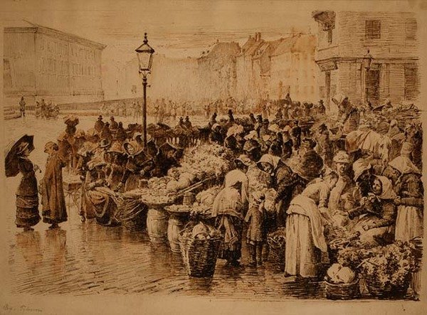 Grønnsaksmarkedet, København (penn og blekk) av Edvard Petersen