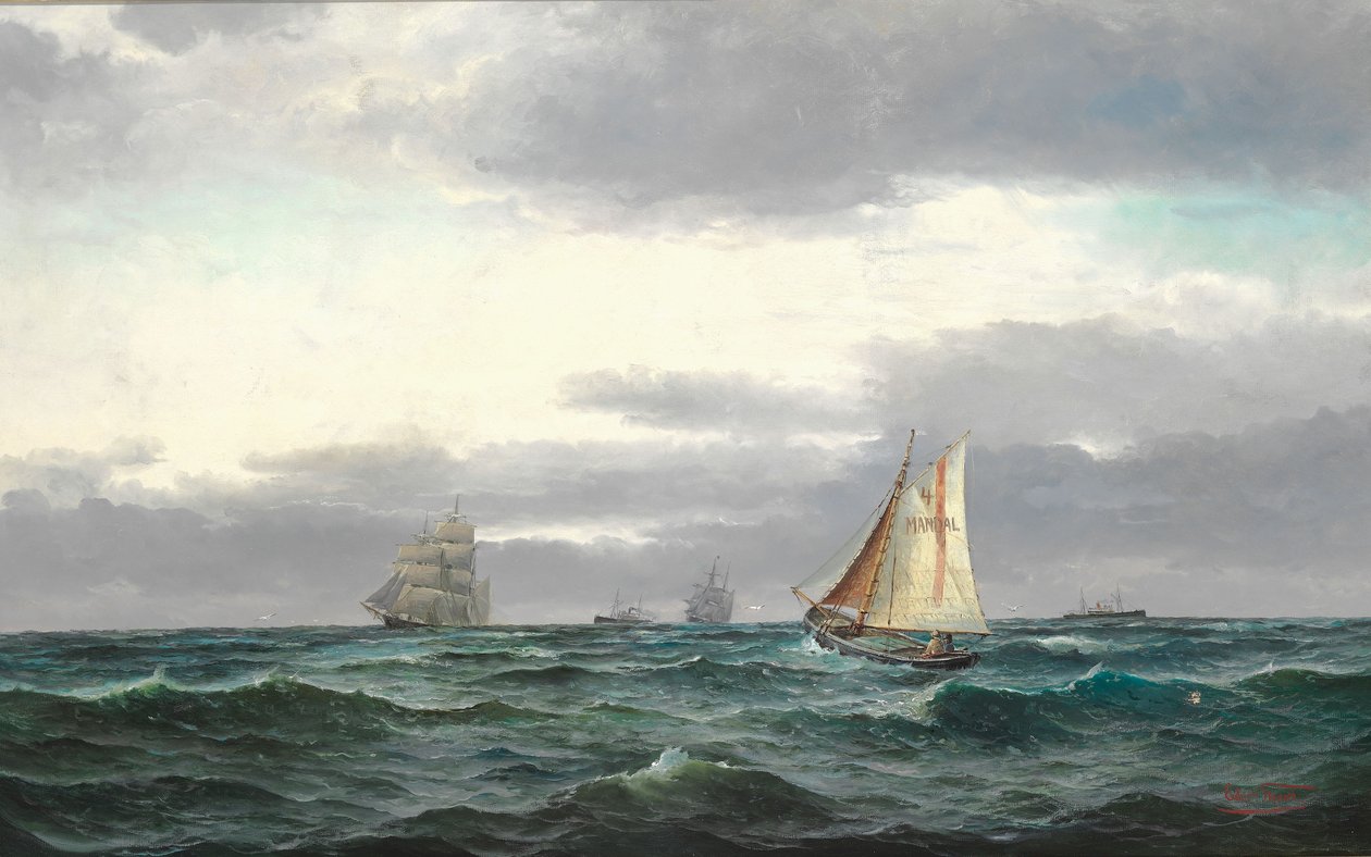 Marine med flere skip, grå regntunge skyer og litt blå himmel av Edvard Skari