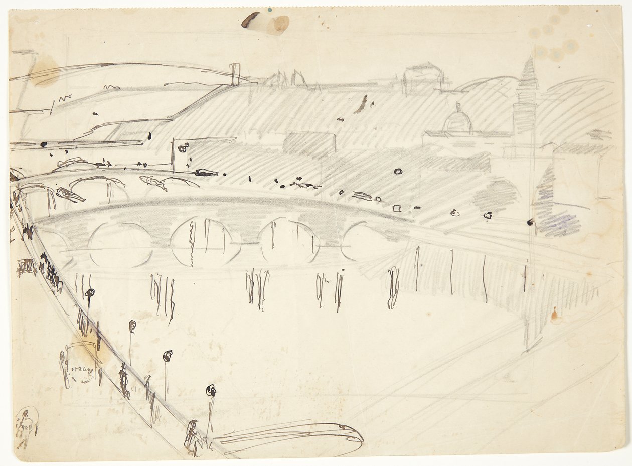Utsikt fra et vindu ved Lungarno over elven mot Santo Spirito og San Miniato-åsene, Firenze av Edvard Weie
