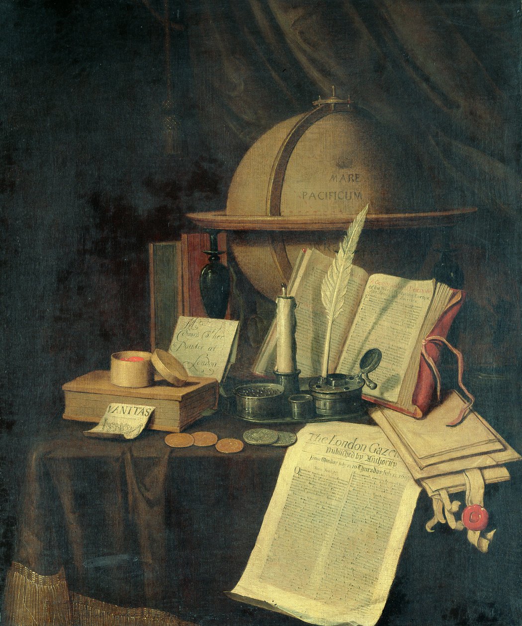 Omnia Vanitas: en jordklode, en caviole, mynter og en kopi av London Gazette for 13. juli 1691 av Edwaert Colyer or Collier