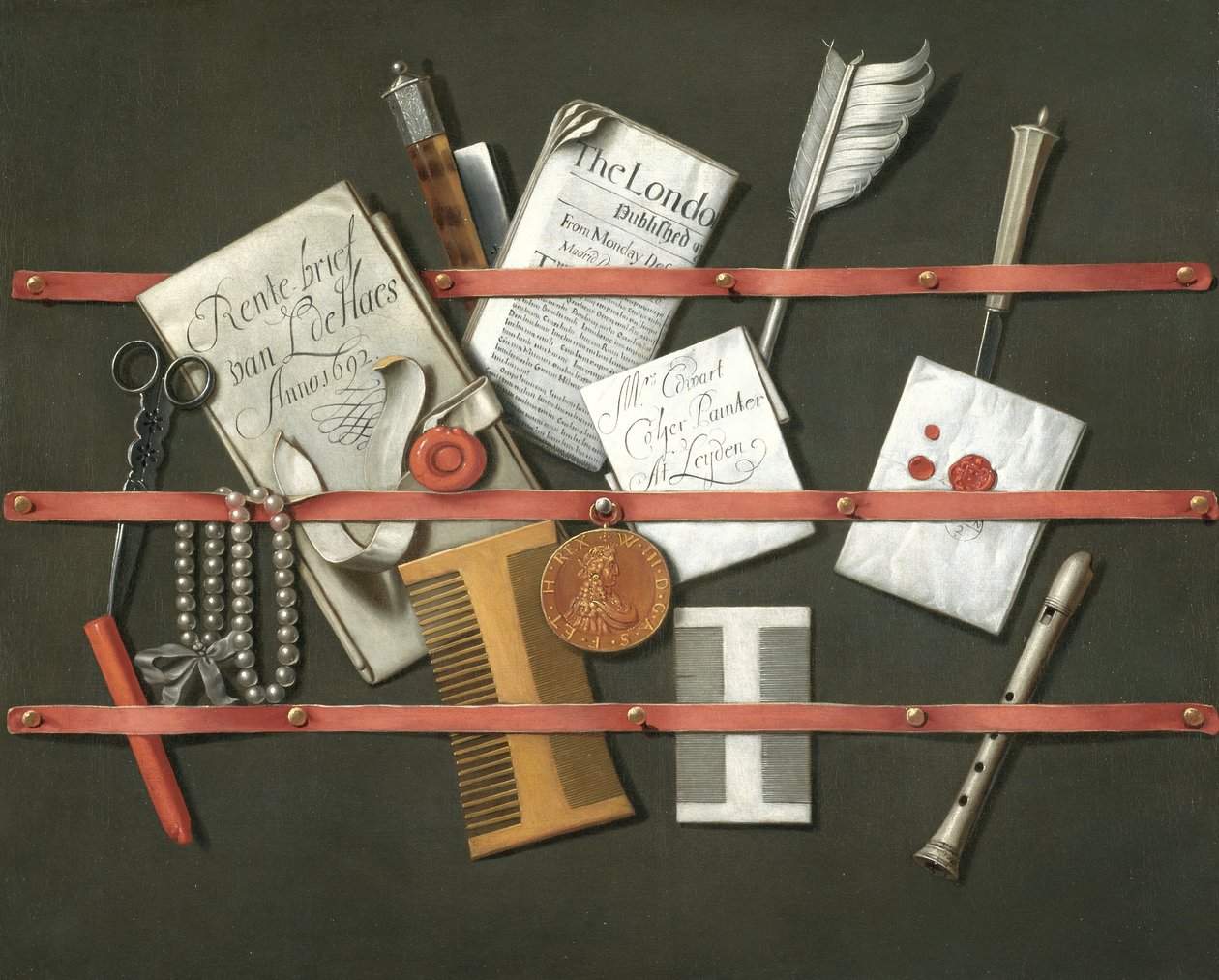 Stilleben, et brevstativ, 1692 av Edwaert Colyer or Collier