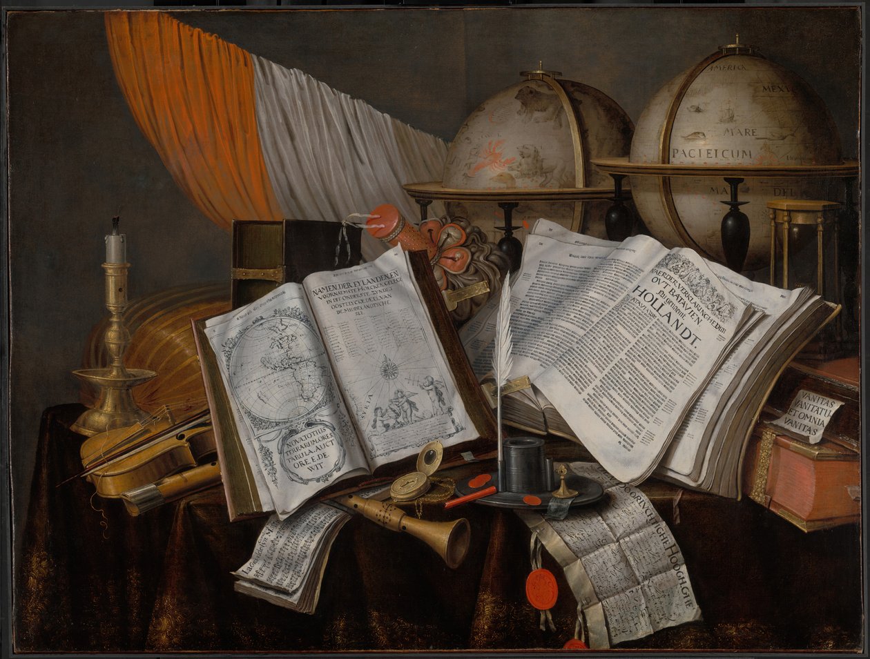 Et Vanitas-stilleben med flagg, lysestake, musikkinstrumenter, bøker, skriveutstyr ... av Edwaert Collier