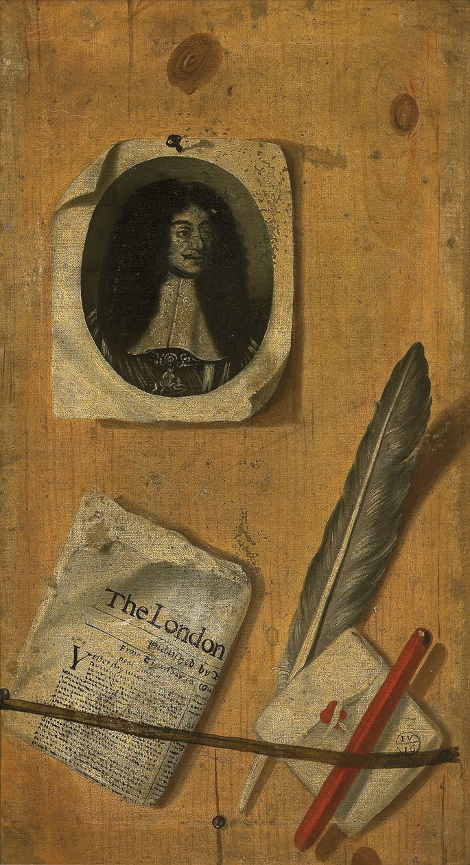 Et trompe-l"oeil brevstativ, med gravering av kong Charles II, en avis, en fjærpenn, en penn og en pennekniv av Edwaert Colyer or Collier