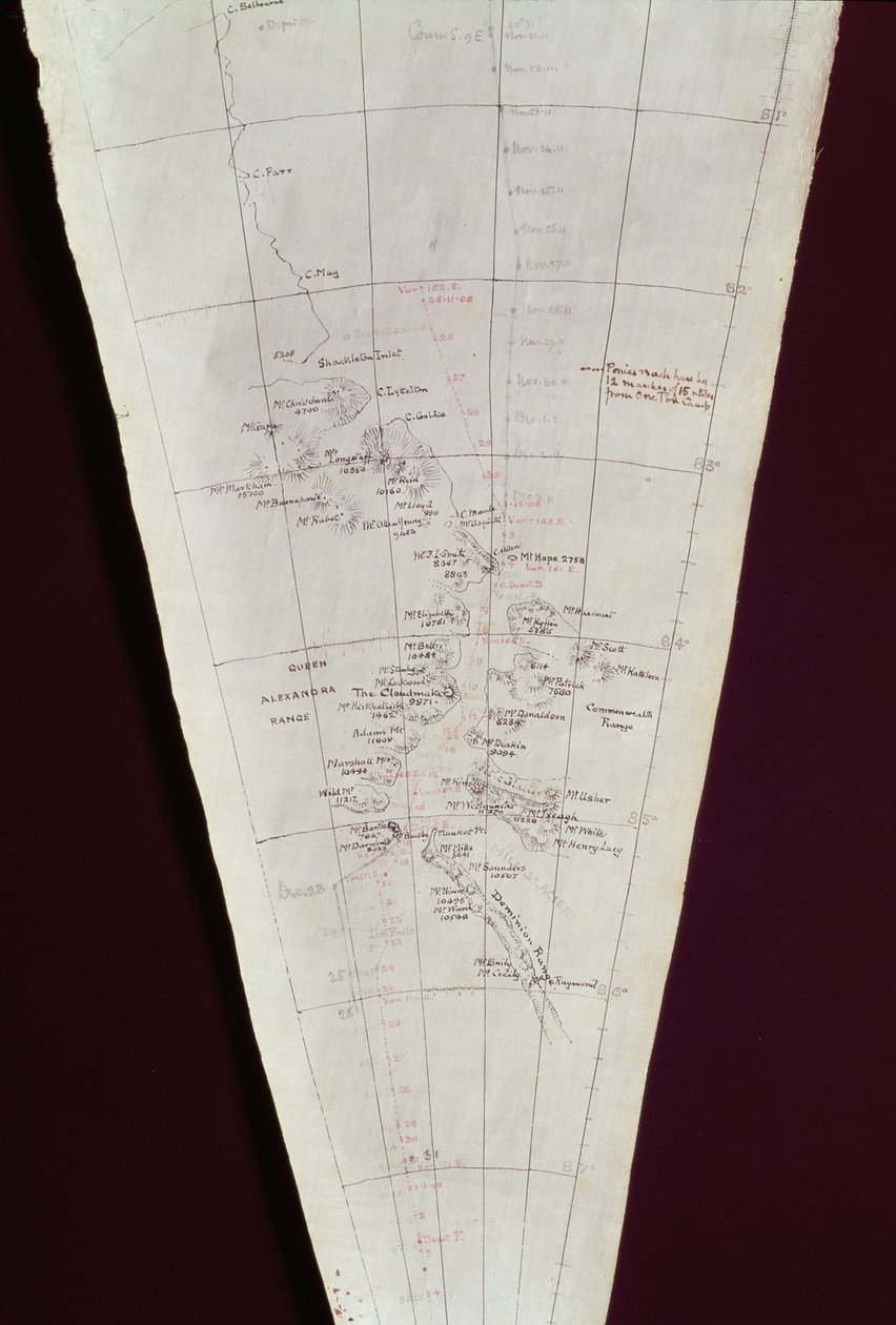 Utsnitt av kart fra Ross Island til Sydpolen brukt på Antarktis-ekspedisjonen, 1910-12 av Edward Adrian Wilson