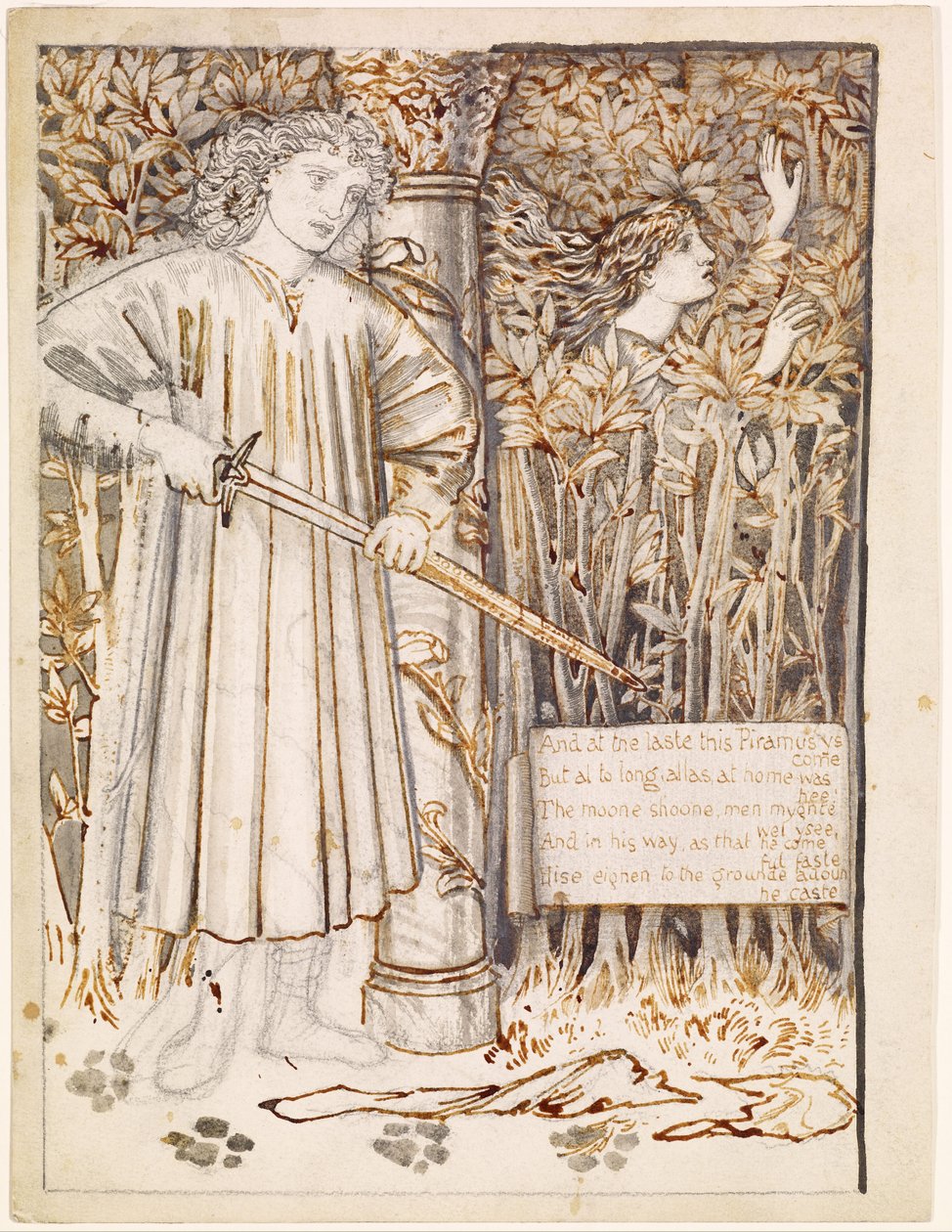 Pyramus og Thisbe - Pyramus trekker sverdet for å drepe seg selv av Edward Burne Jones