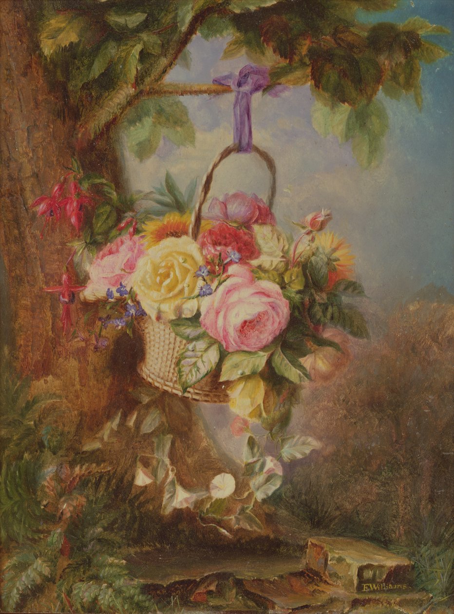Kurv med roser med fuschia, 1800-tallet av Edward Williams
