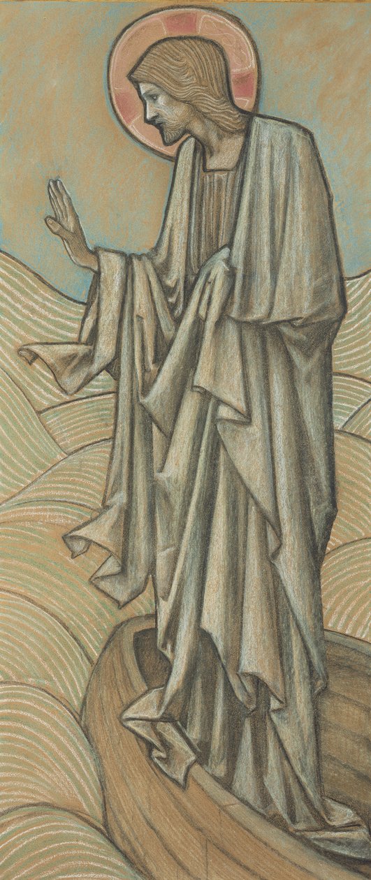 Christ Stilling the Waves (farget kritt på papir) (par til 430972) av Edward Burne Jones