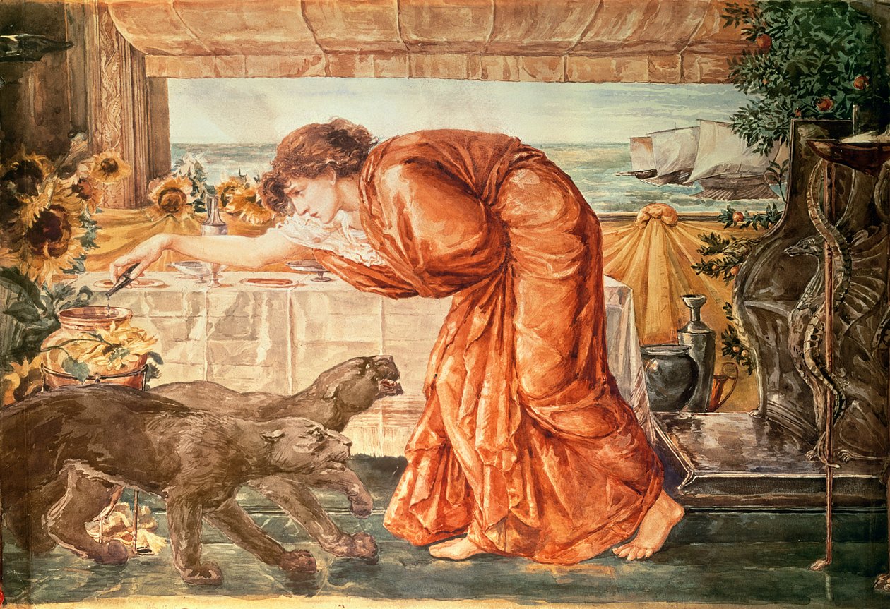 Circe som heller gift i en vase og venter på Ulysses