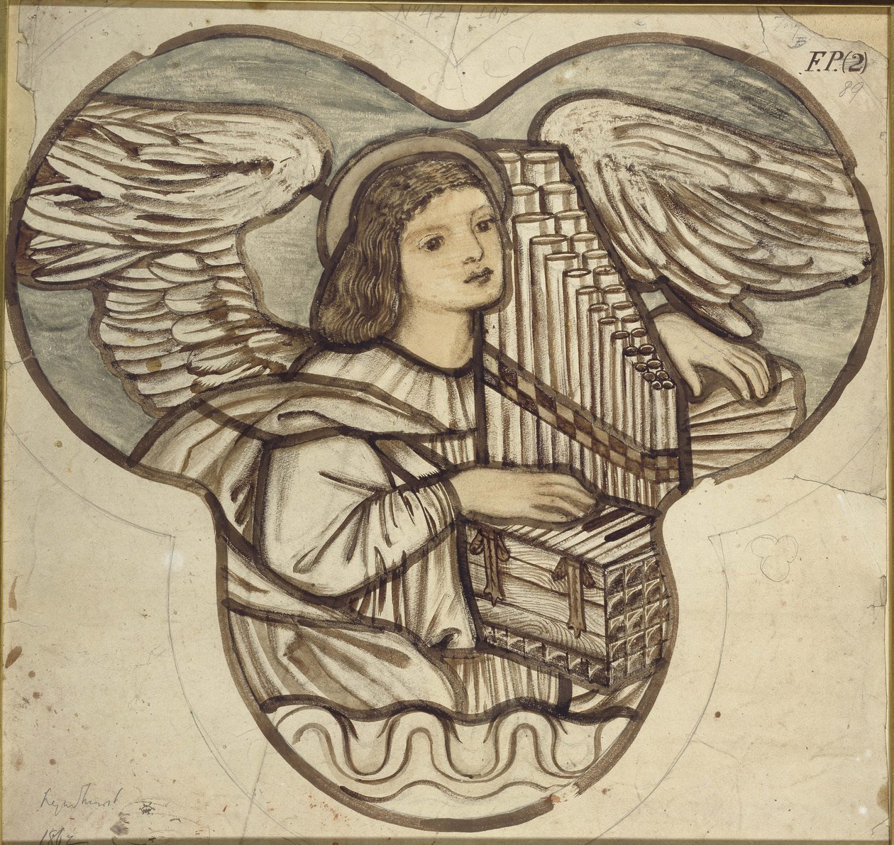 Design for farget glass i Lyndhurst Church: An Angel Organist, 1886 (brun og blå vasker over grafitt) av Edward Burne Jones