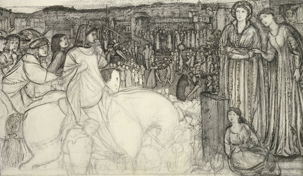 Gualdrada Donati presenterer datteren sin til Buondelmente (penn og svart blekk med grafitt på hvitt papir) av Edward Burne Jones