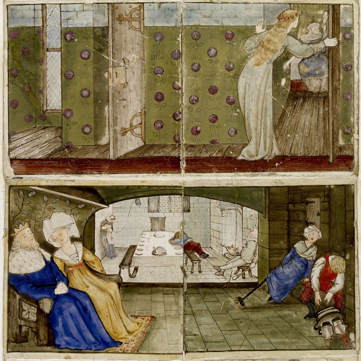Et sett med seksten fliser arrangert i par for å danne åtte illustrasjoner av 'Briar Rose'-historien, 1862 - 1865 (keramikk) av Edward Burne Jones
