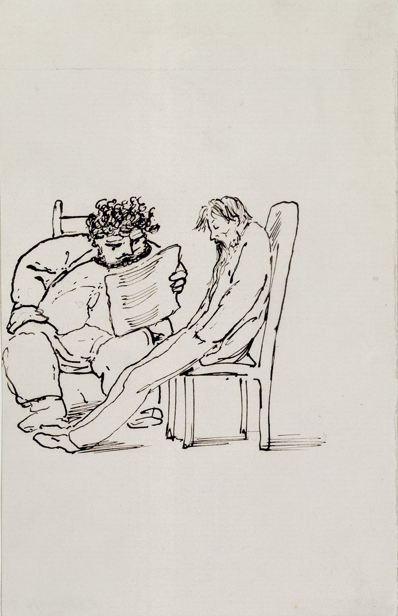 Tegneserie av William Morris (1834-96) som leser poesi for Edward Burne-Jones (1833-98) (penn og blekk på papir) av Edward Burne Jones