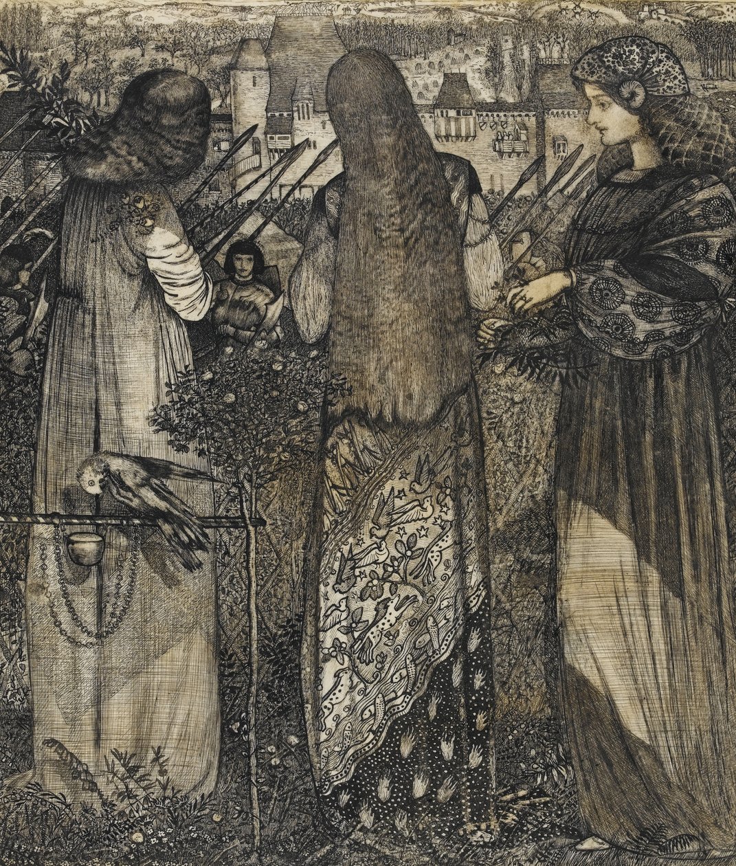 Going to the Battle, 1858 (blekk og vask på vellum) av Edward Burne Jones