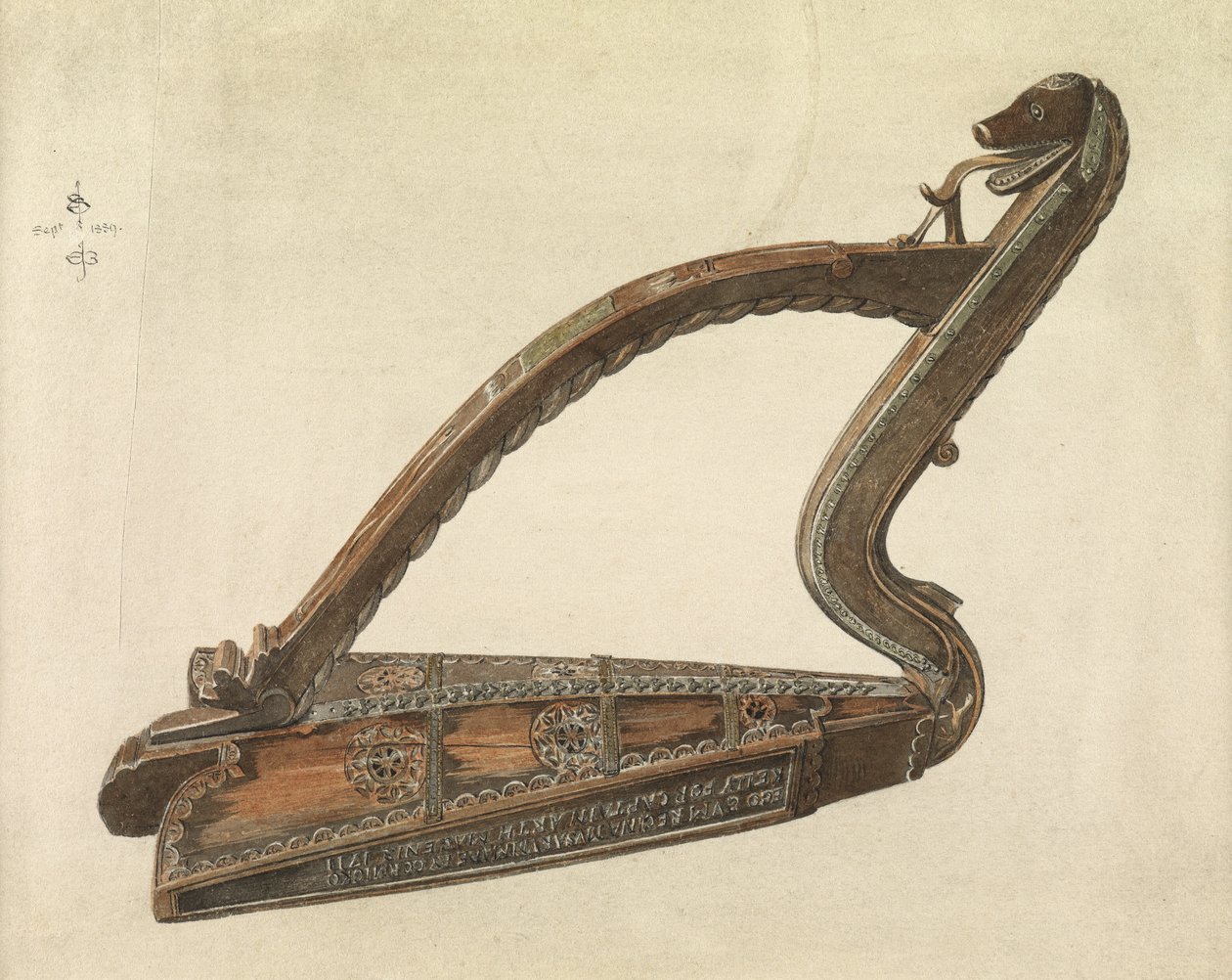 Irsk harpe, 1889 (blyant, penn og blekk og wc på papir) av Edward Burne Jones