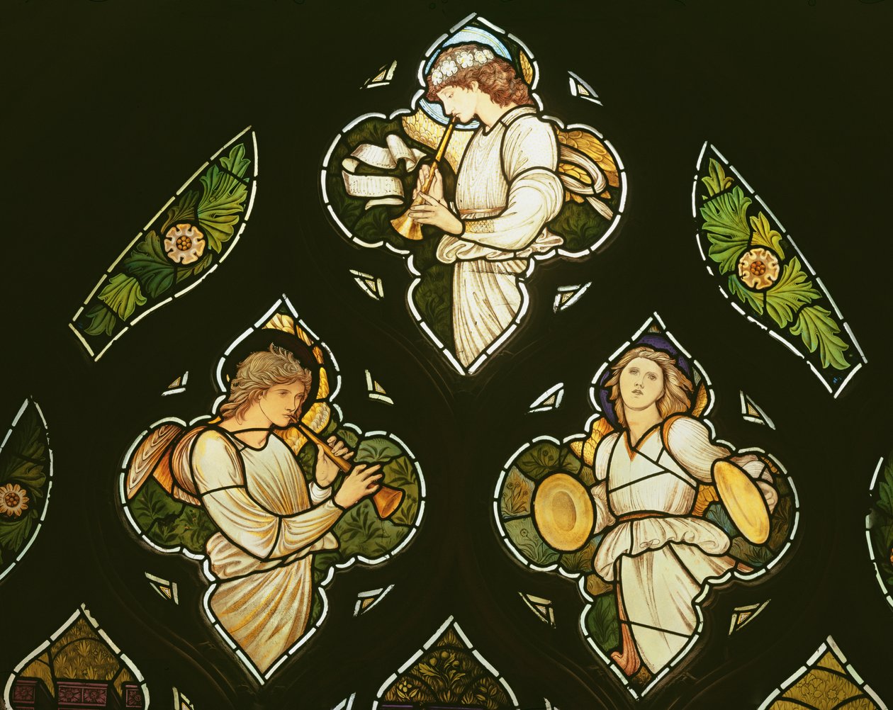 Musical Angels, 1870-tallet (farget glass) av Edward Burne Jones