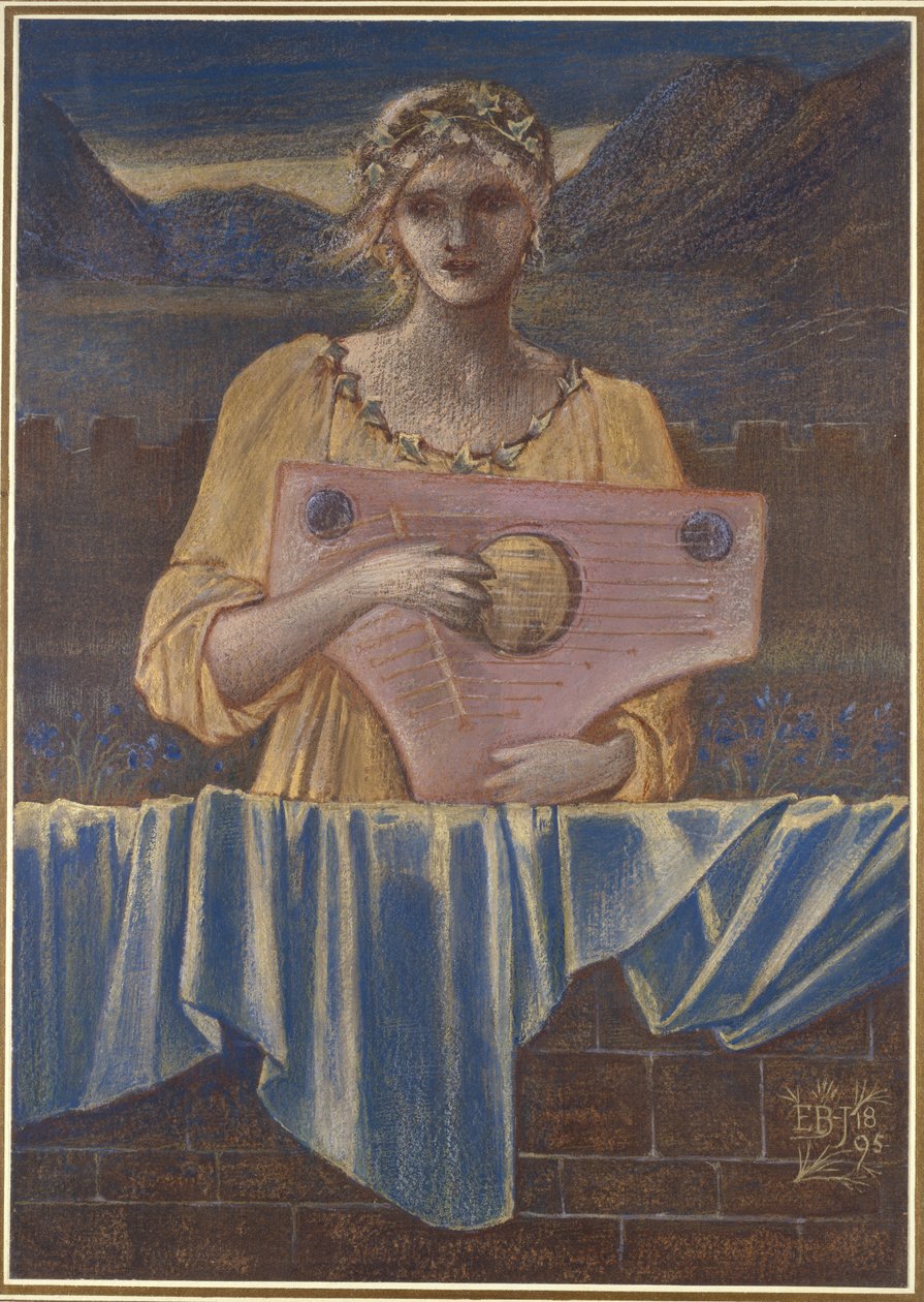Studie av en kvinne med et musikkinstrument, 1895 (Farget kritt med gullmaling og akvarell) av Edward Burne Jones