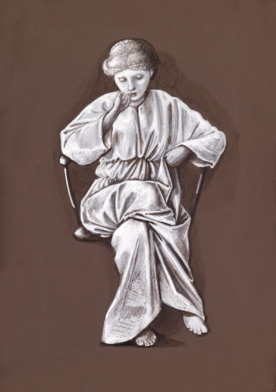 Studie av en sittende jente (brun og hvit kroppsfarge på papir) av Edward Burne Jones
