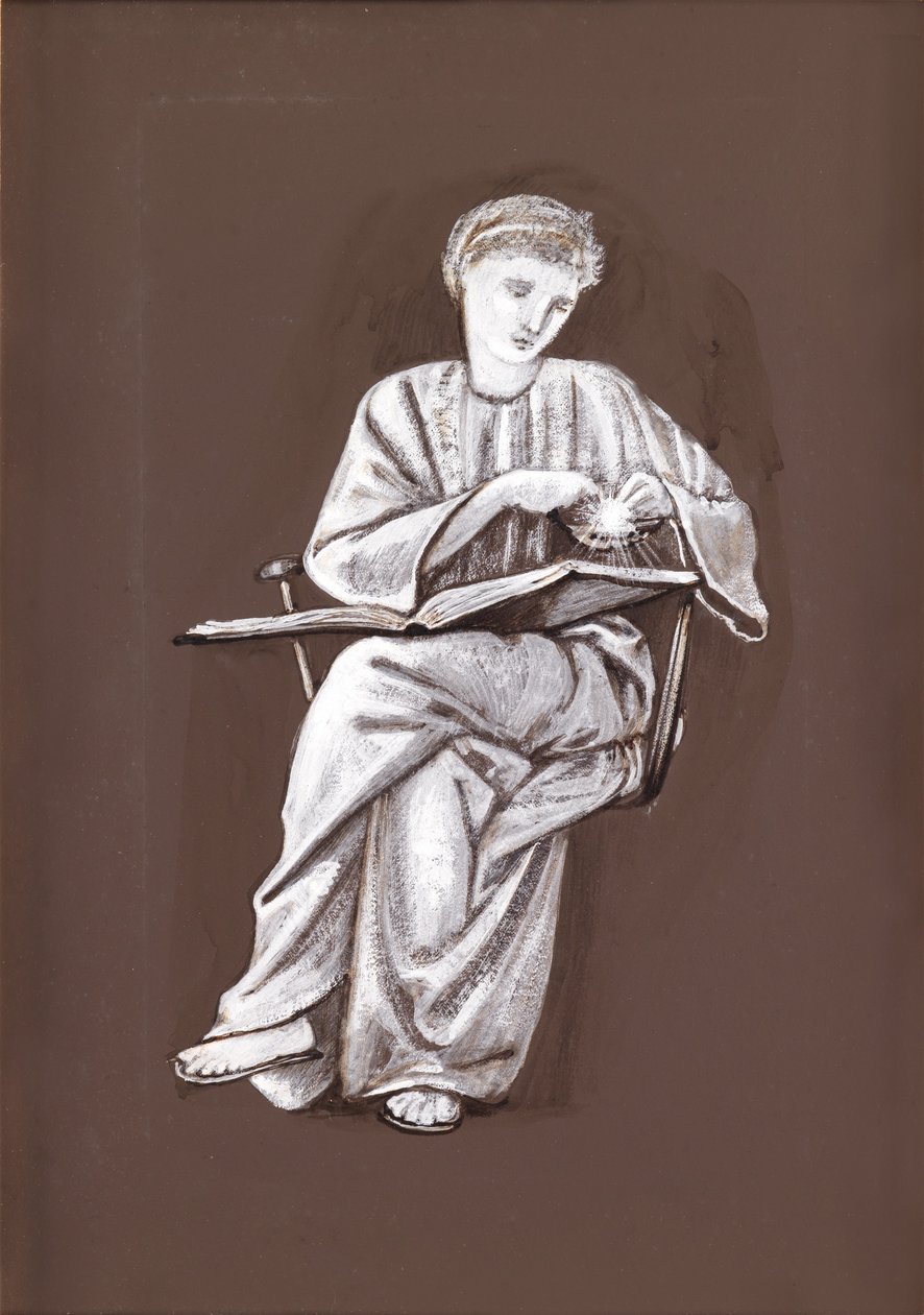 Studie av en sittende jente, med en bok (brun og hvit kroppsfarge på papir) av Edward Burne Jones
