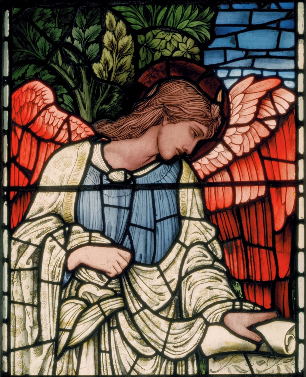 Birmingham, Acocks Green, St Mary The Virgin, Morris & Co., Edward Burne-Jones, John Henry Dearle (1859-1932), Angel with Scroll, detalj, 1895 av Edward Coley and Dearle Burne Jones