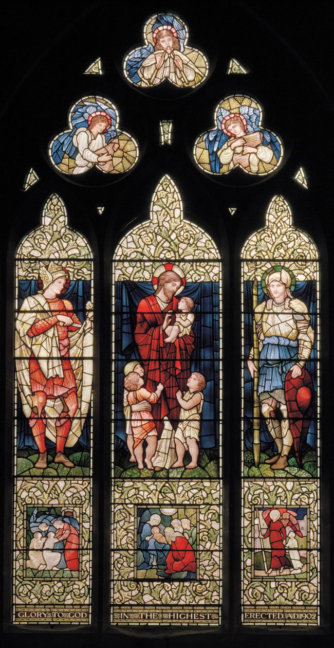 Wilden, All Saints, East Window, Morris & Co., Edward Burne-Jones, John Henry Dearle (1859-1932), St Martin, Christ Blessing The Children, St George, 1902-1914, Louisa, Alfred, The Baldwins, Prime Min av Edward Coley and Dearle Burne-Jones