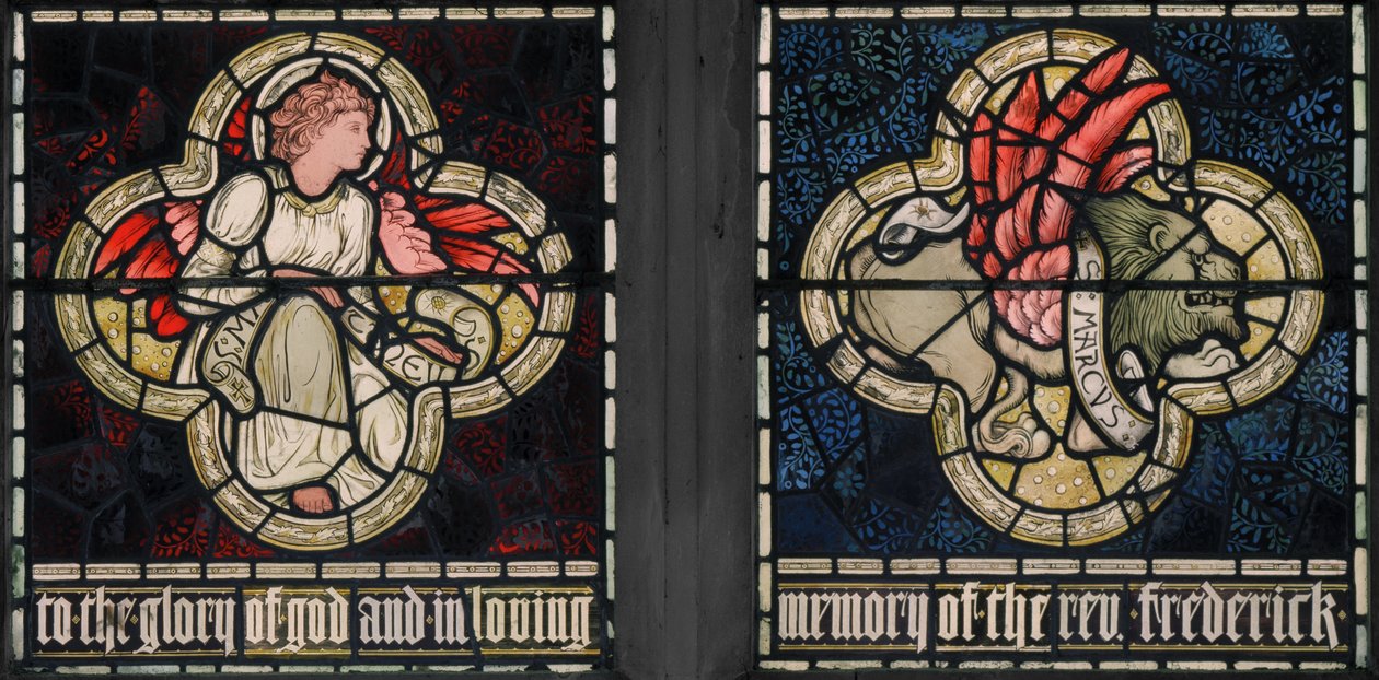Birmingham, Acocks Green, St Mary The Virgin, Morris & Co., Edward Burne-Jones, John Henry Dearle (1859-1932), Symbols of The Evangelists, St Matthew & St Mark, 1895 av Edward Coley and Dearle Burne-Jones