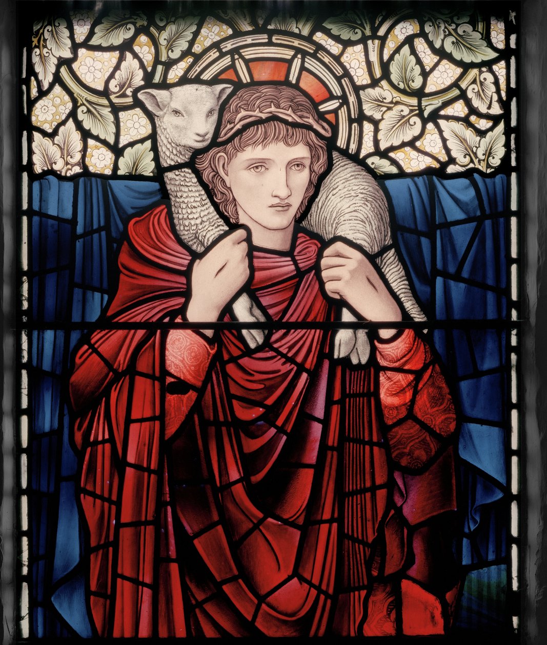 Birmingham, Ward End, St Margaret, Morris & Co., Edward Burne-Jones, John Henry Dearle (1859-1932), The Good Shepherd, detalj, 1902, Brampton Cumbria, Titcomb, Wren av Edward Coley and Dearle Burne-Jones
