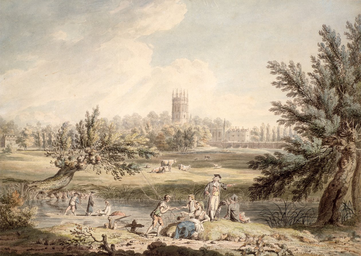 Magdalen College, Oxford, View from Cherwell Looking North West, 1791-92 (wc og penn og blekk på papir) av Edward Dayes