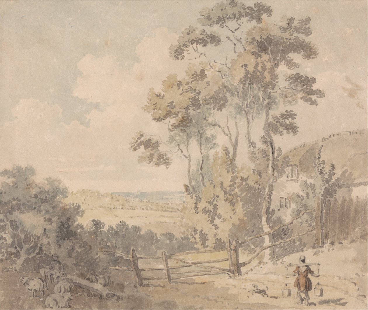 Melkepike og hund i et landskap av Edward Dayes