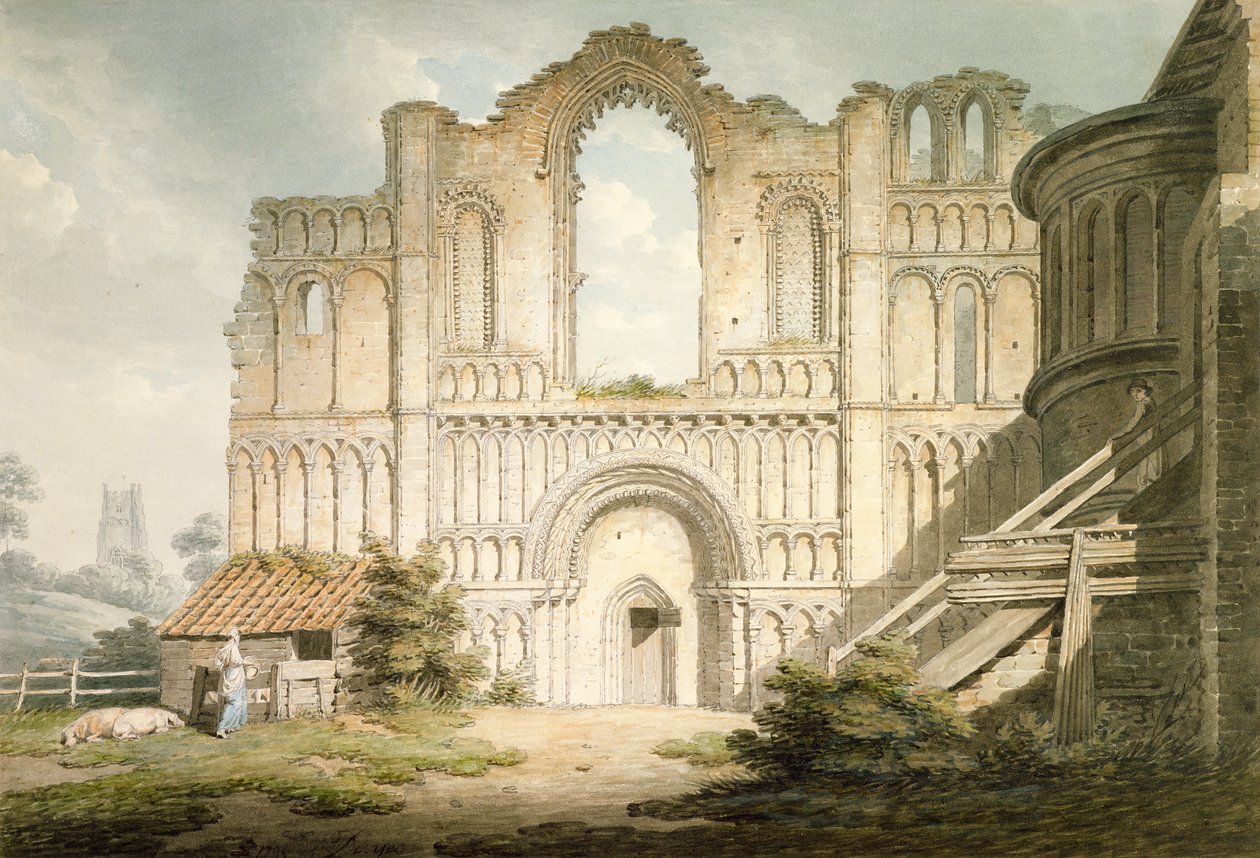 PD.56-1958 Vestfronten av Castle Acre Priory Church, nær Downham, Norfolk, 1796 (akvarell og blyant på papir) av Edward Dayes