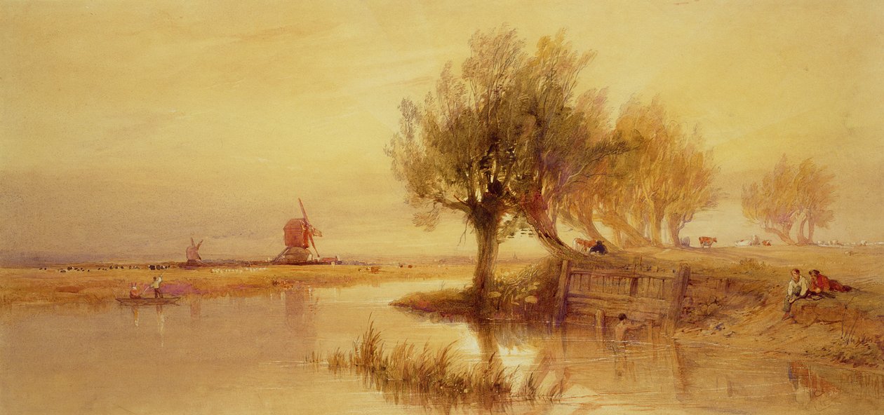 On the Norfolk Broads, Evening (blyant og wc på papir) av Edward Duncan