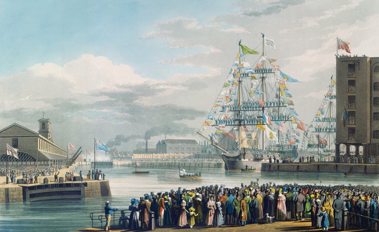 Åpningen av St. Katharine Docks, lørdag 25. oktober 1828 (farget gravering) av Edward Duncan