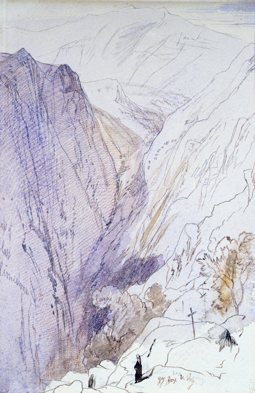 Athos med munker i forgrunnen, 1856 (penn og wc) av Edward Lear