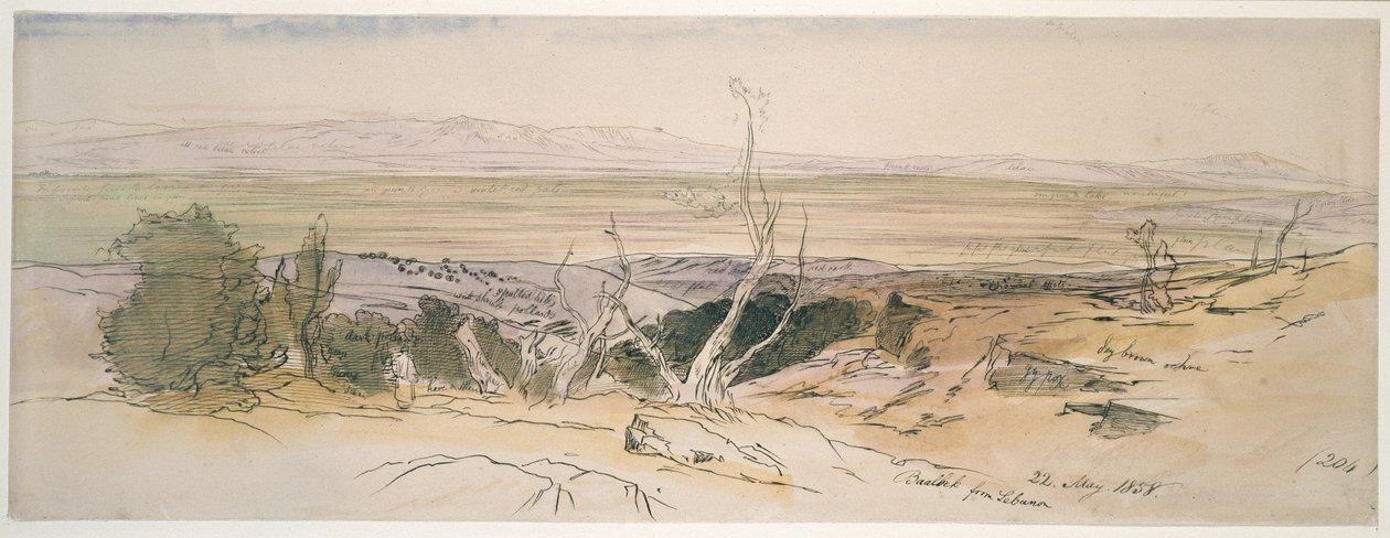Baalbek fra Libanon, 1858 (akvarell og penn og svart blekk med grafittangivelser) av Edward Lear