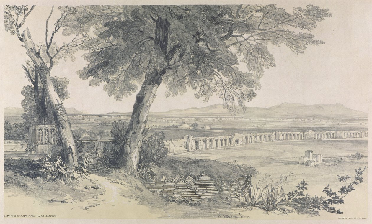 Campagna of Roma fra Villa Mattei, fra Views in Roma and its Environs, 1841, (litho på kraftig vevd papir) av Edward Lear