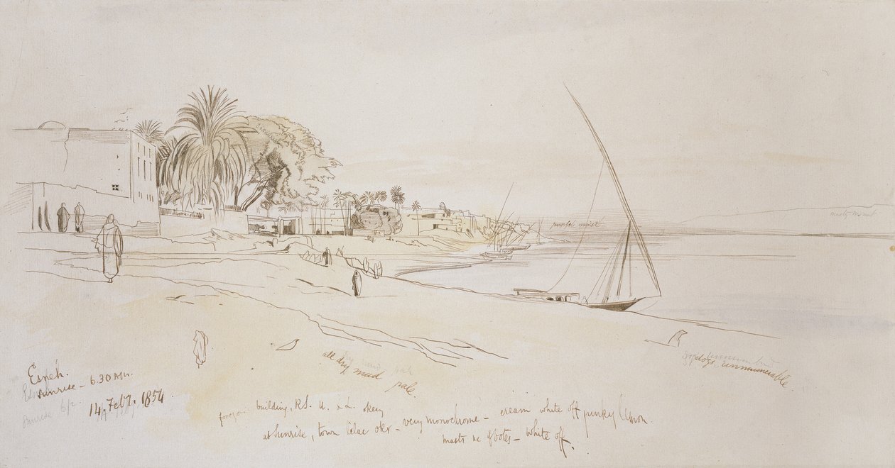 Esneh, Egypt, 1854 (penn og brunt blekk med akvarell over grafitt på off-white papir) av Edward Lear