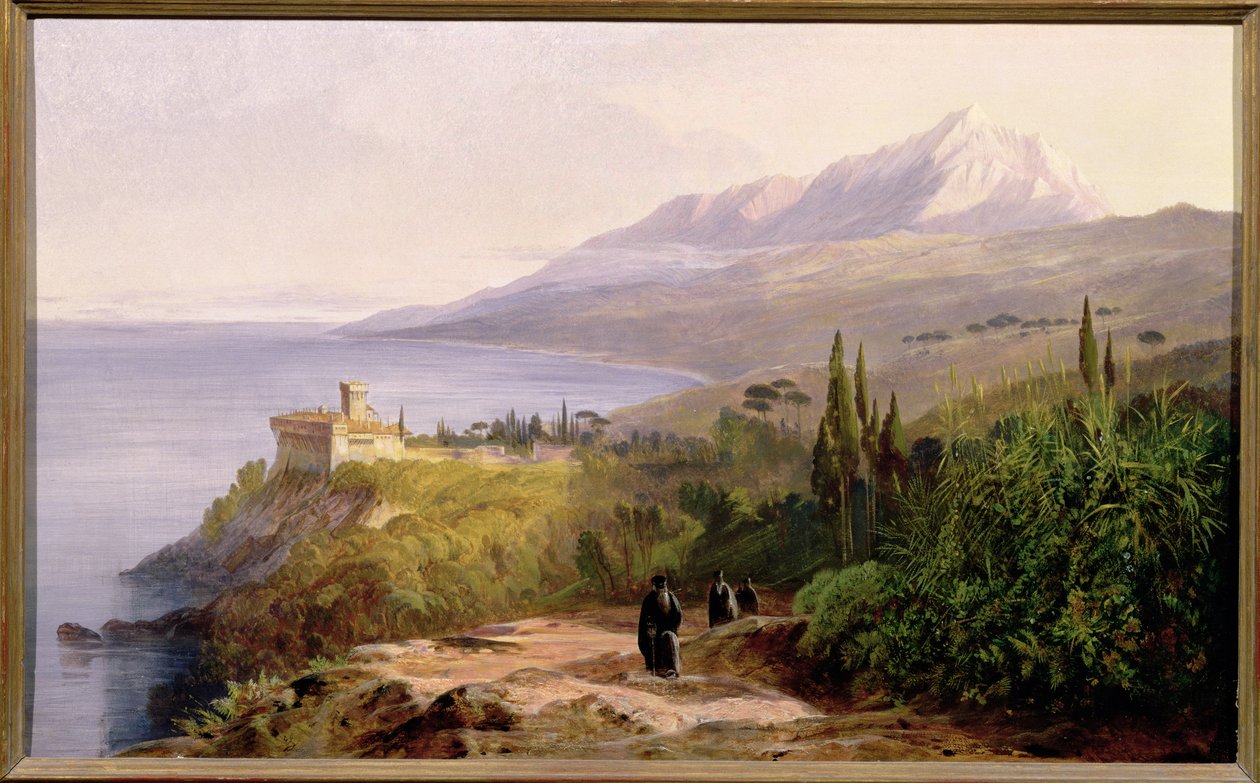 Athos-fjellet og klosteret Stavroniketes, 1857 av Edward Lear
