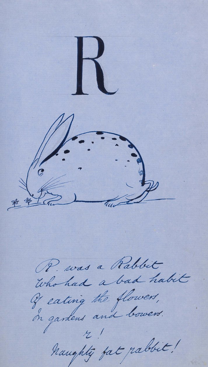 Nonsens Alphabet - R, 1860 (penn og blekk på blått papir bakket med lin) av Edward Lear
