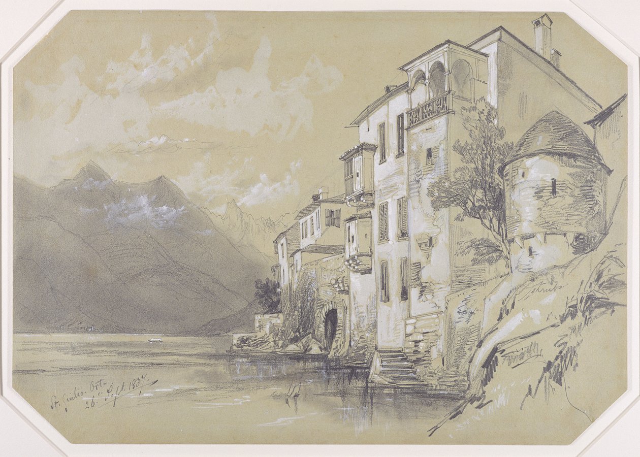St. Giulio, Orta, 26. september 1837, 1837 (grafitt med stubbe og hvit gouache på brunt vevd papir) av Edward Lear