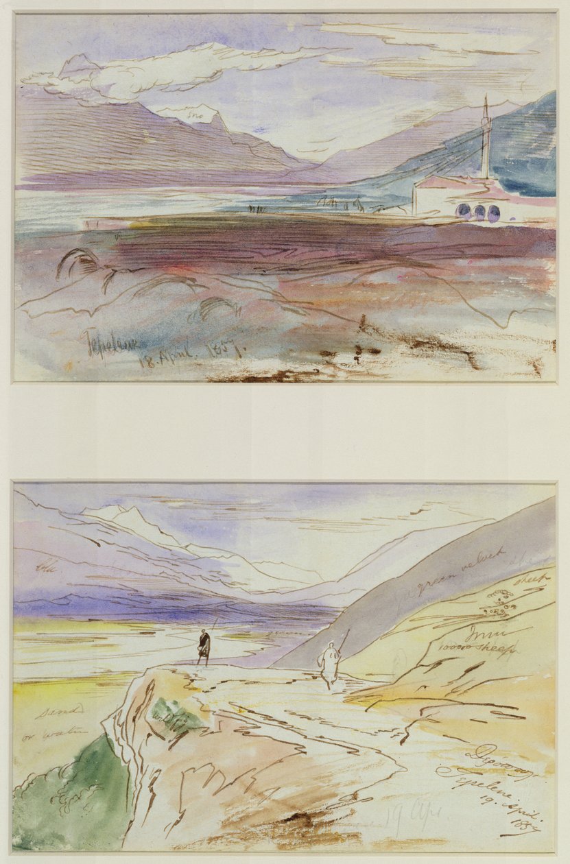 Tepelene, 1857 (penn, blekk og wc på vevd papir lagt ned om bord) av Edward Lear