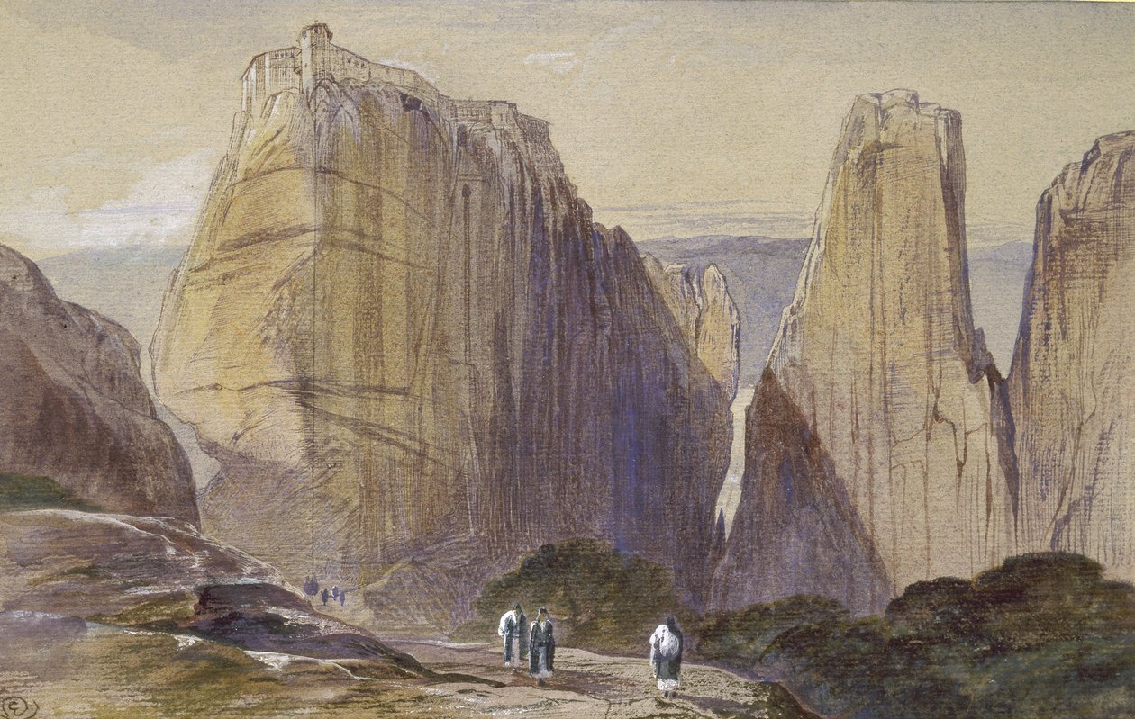 The Monastery of Meteora (akvarell og kroppsfarge på gråblått papir) av Edward Lear
