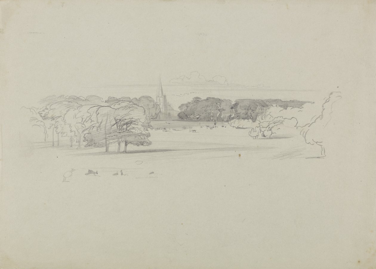 Utsikt over en eng til en kirke av Edward Lear