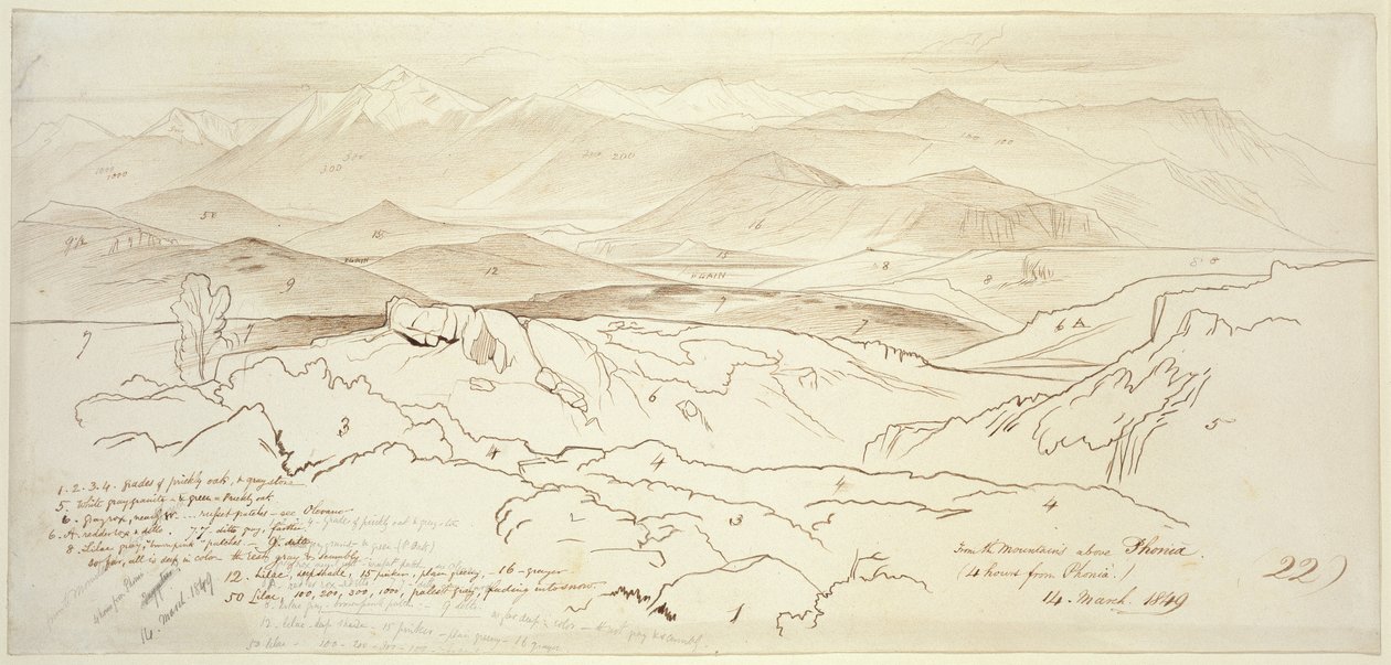 Utsikt fra fjellene over Phonia, 1849 (penn og brunt blekk med grafitt på off-white papir) av Edward Lear