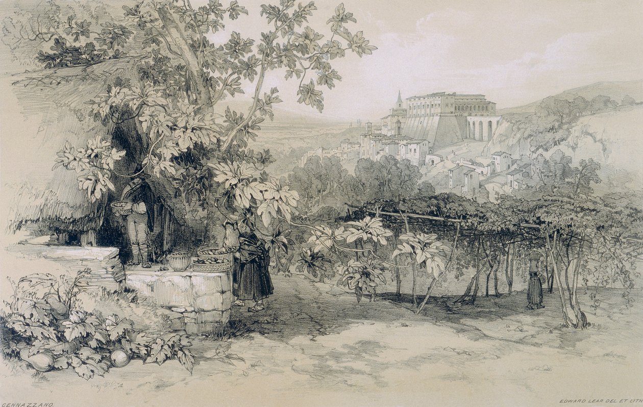 Utsikt i Roma og omegn: utsikt over Gennazzano med byen og palasset Colonna av Edward Lear